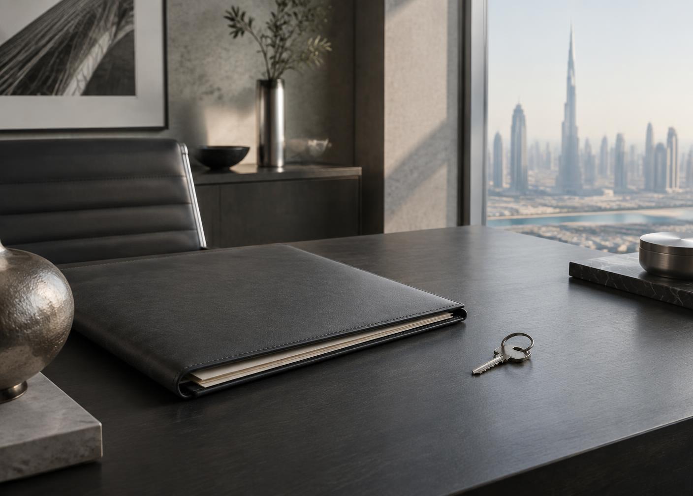 Documentos e chave numa mesa de trabalho com vista para o Dubai